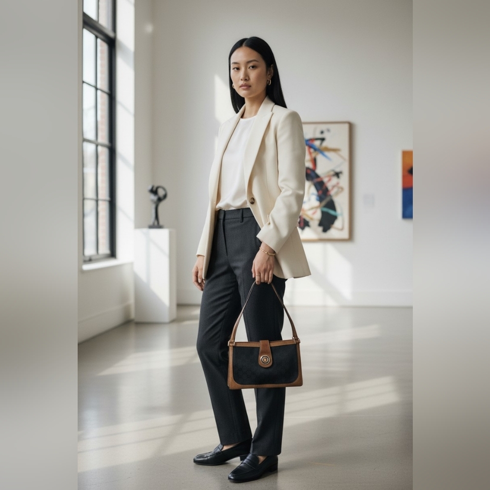 Gucci VTG Black Canvas Shoulder Bag with Brown Leather Trim And Free Bag Insert - Picture 4 of 13